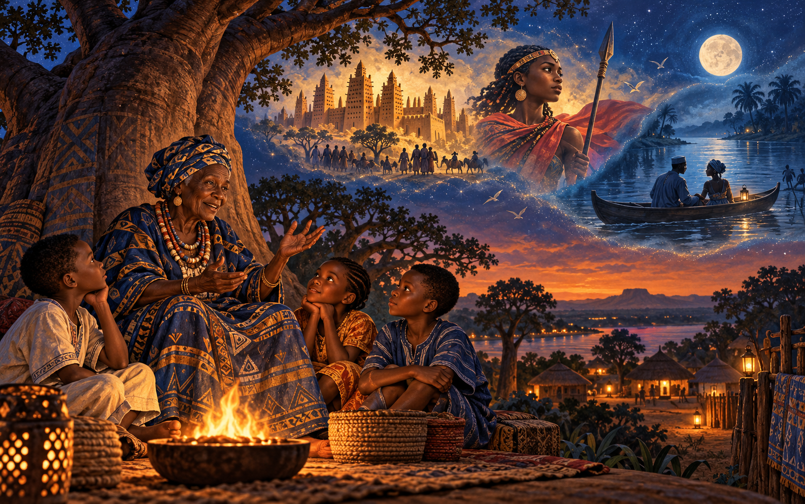 African storytelling beneath a baobab tree